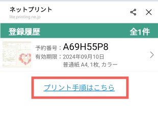 登録履歴画面に「プリント手順はこちら」のリンクが表示されています。